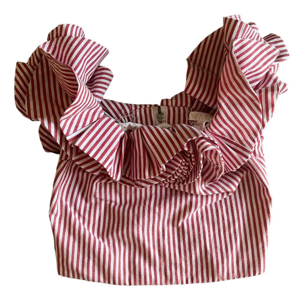 SMALL EUC Wayf Anzio Off Shoulder Red White Stripe Ruffle Crop Top - Picture 2 of 12